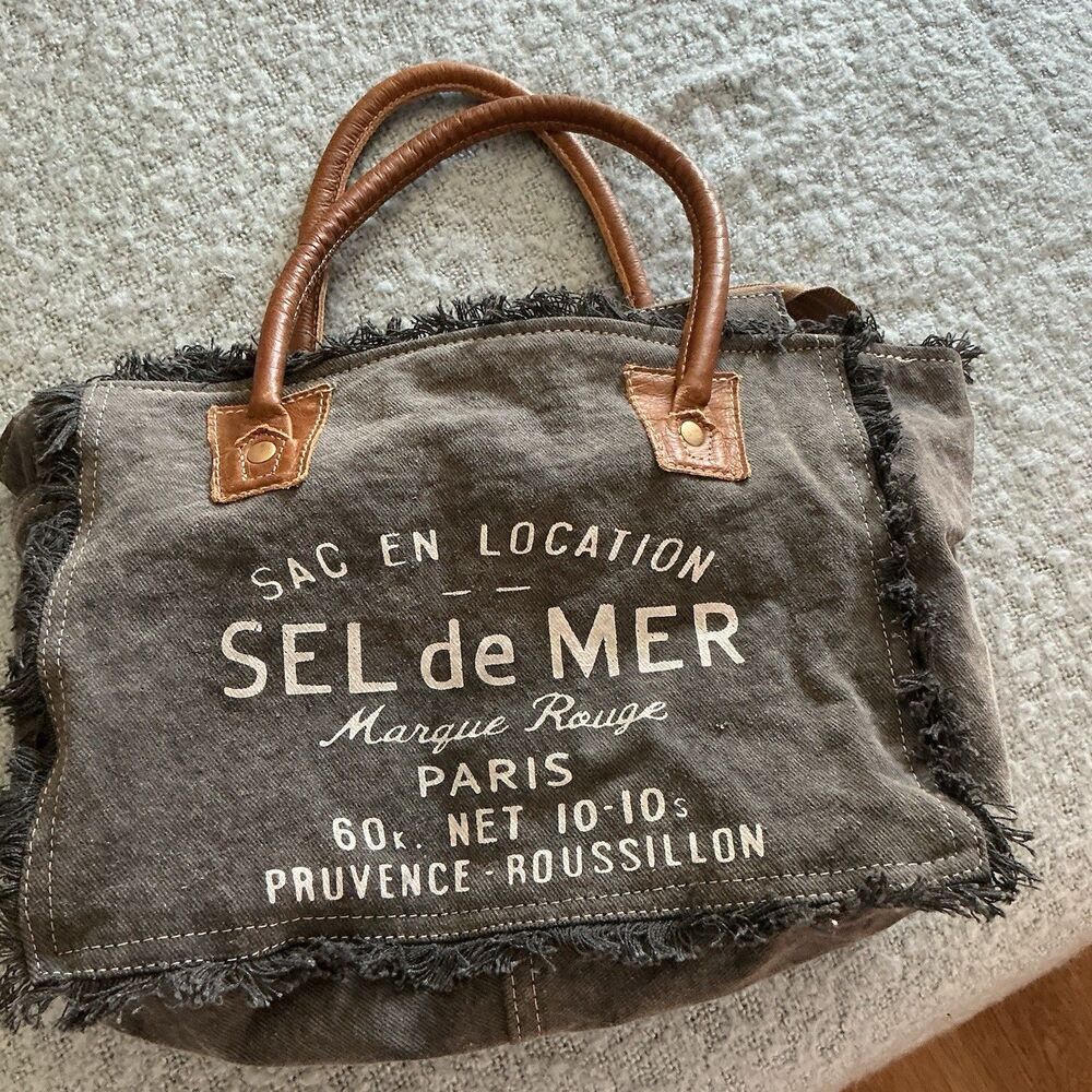 Myra Bag Sel de Mer Canvas Leather Fringe Tote Handbag Brown 15”